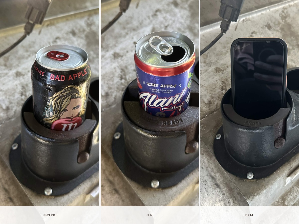 3-in-1 Reversable Cup Holder shown with a standard can, slim can, and phone