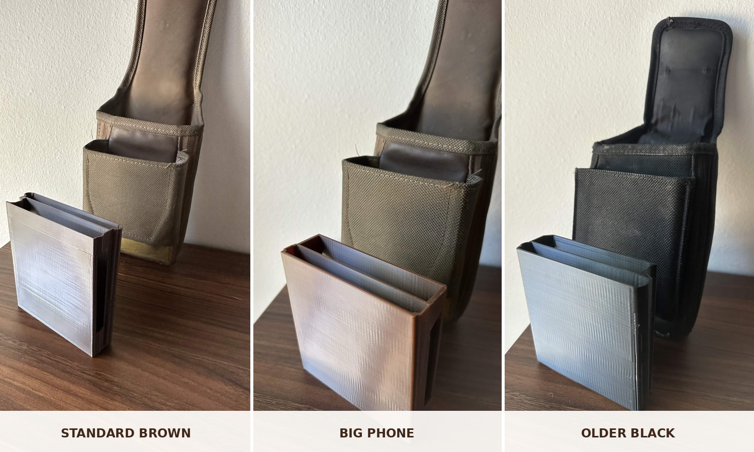 Three DIAD Pouch Organizer options: standard brown, big phone brown, and older black